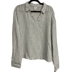 Rachel Zoe Blouse Popover Top Green White Stripe 100% Linen Flax‎ Womens XL
